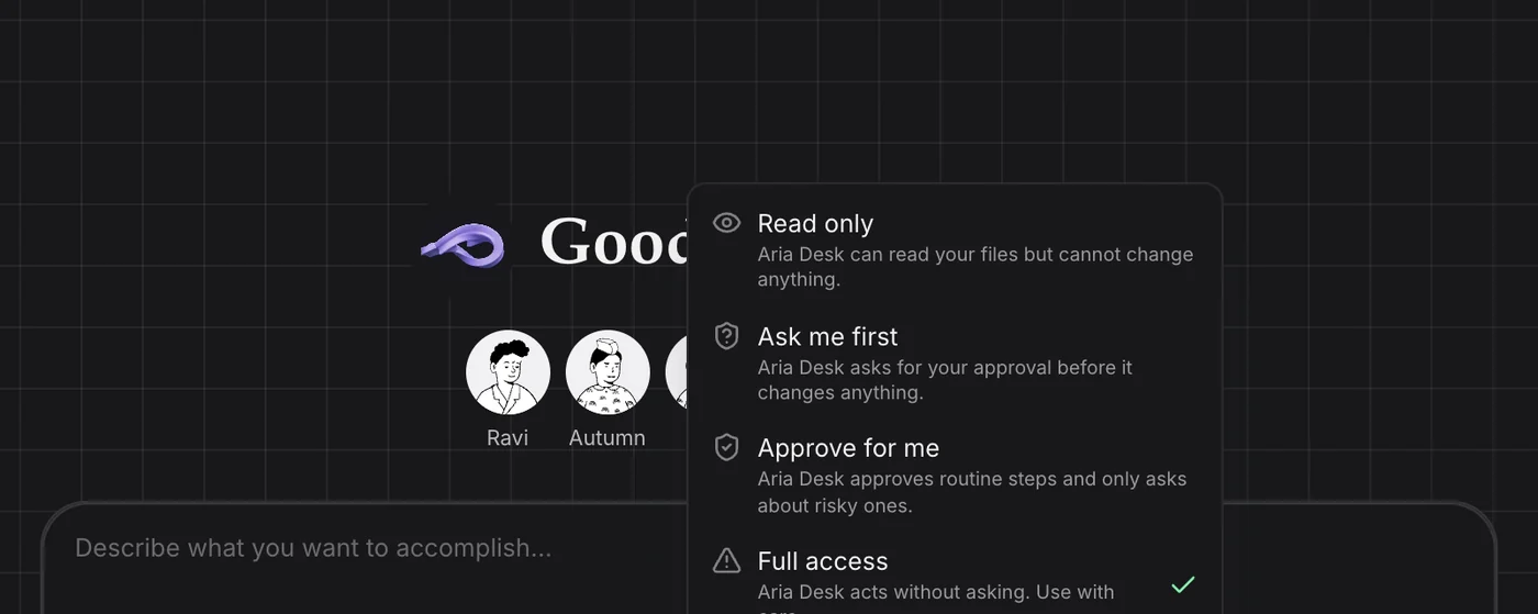 The access-mode menu in the composer: Read only, Ask me first, Approve for me (selected) and Full access, each with what it allows