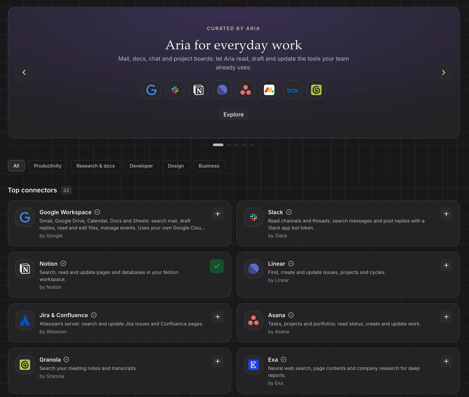 Settings → Connectors: the Discover catalog with Google Workspace, Slack, Notion, Linear, Jira & Confluence, Asana, Granola and Exa
