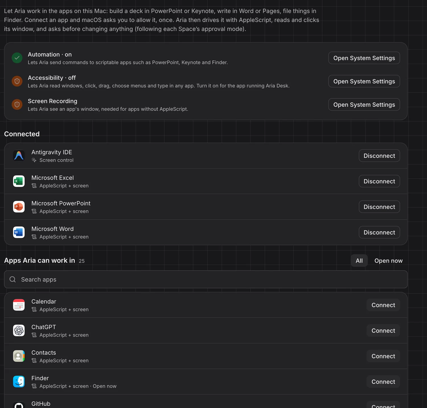 Settings → Apps on a Mac: permissions and the apps already connected (Microsoft Excel, PowerPoint, Word)