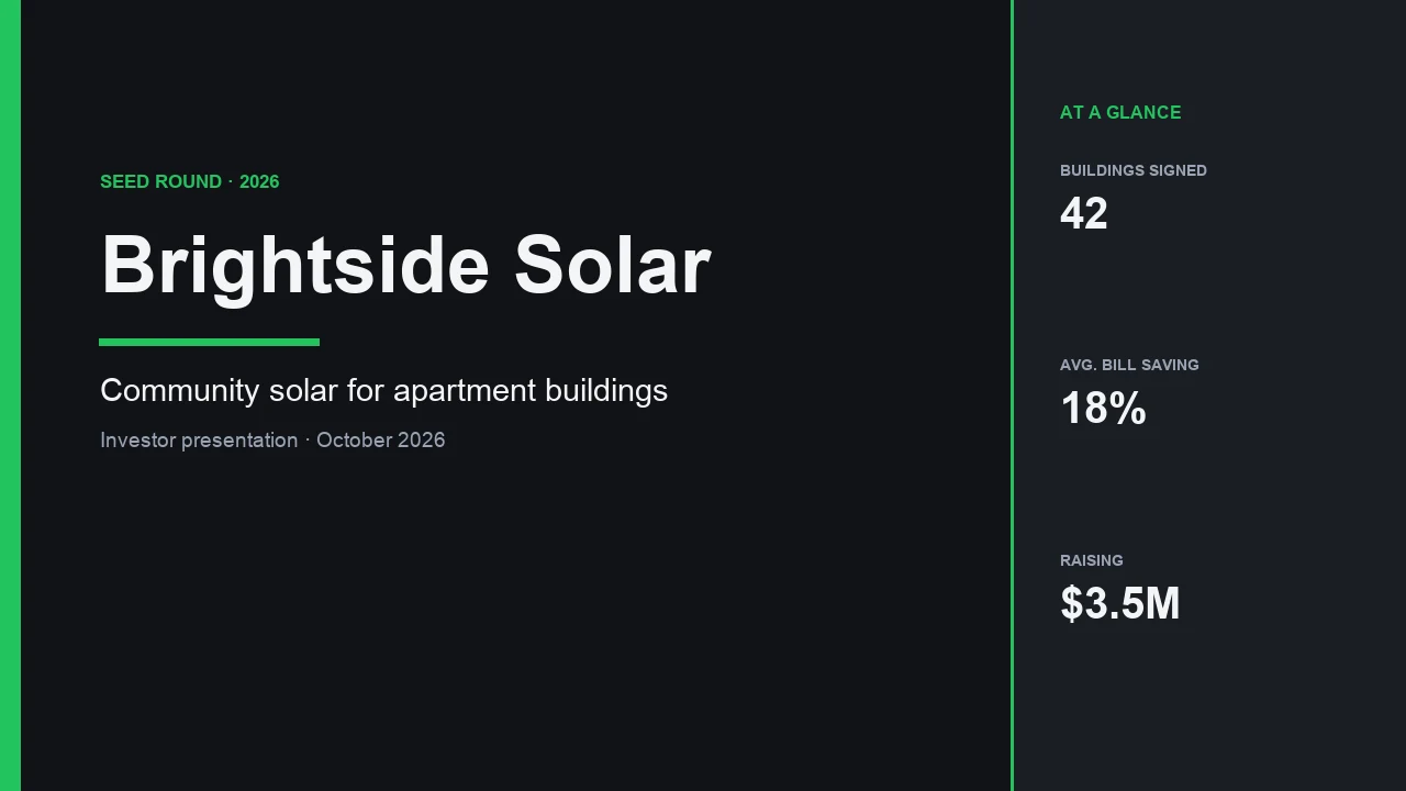 The title slide of a seed-round investor deck for Brightside Solar, a community solar company