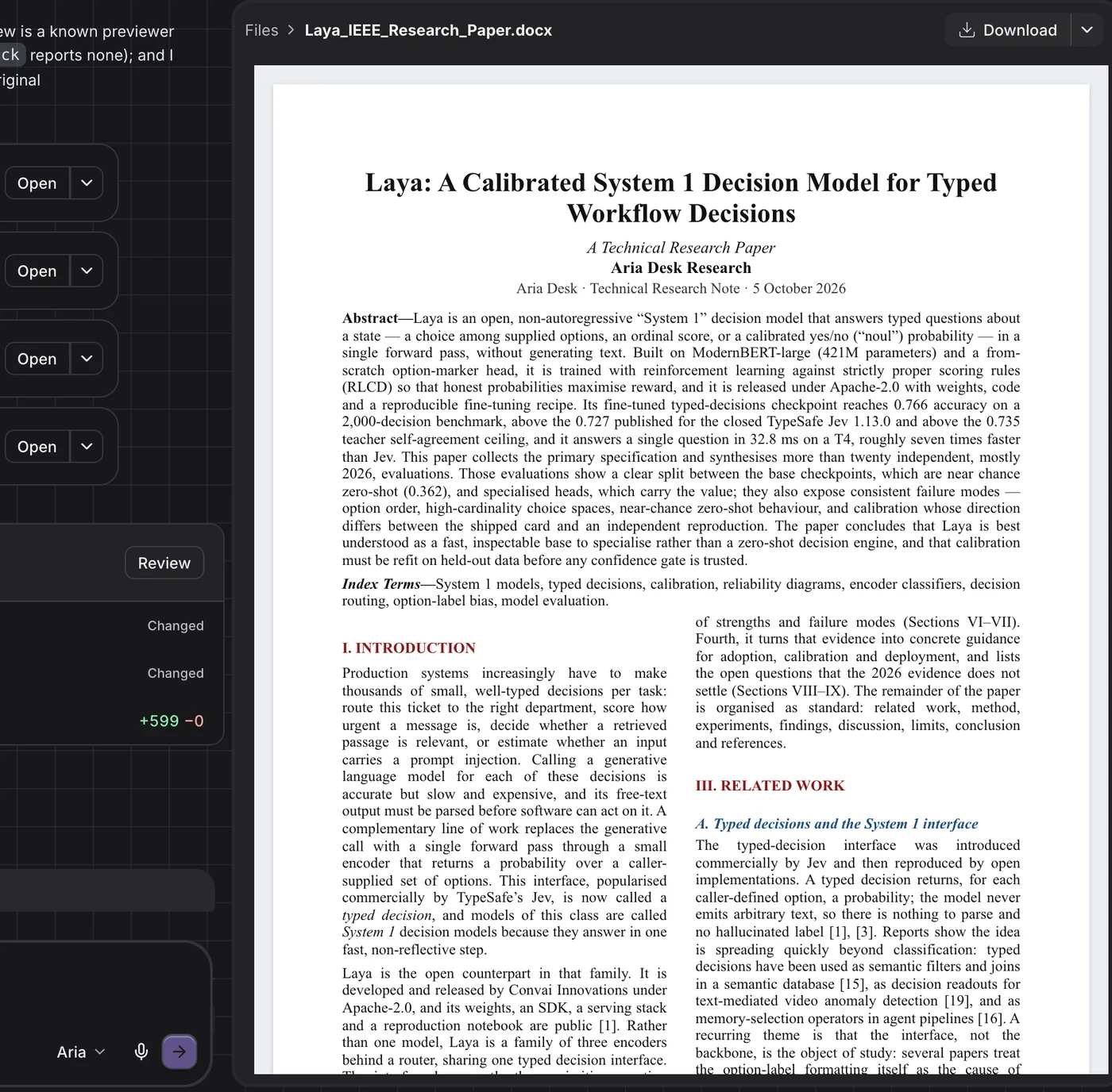 An IEEE-style research paper Aria Desk wrote, open in the preview: title, abstract, index terms and the introduction