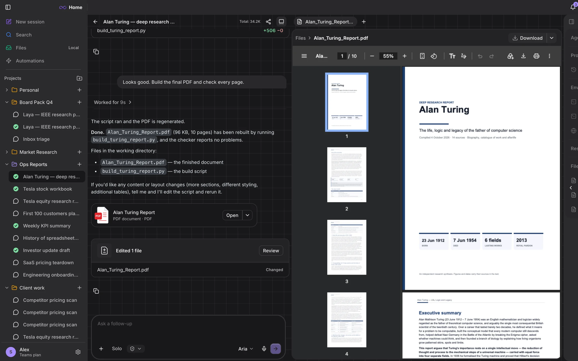 Aria Desk: a finished session — the agent's summary on the left and the 10-page Alan Turing research report it built, open in the preview