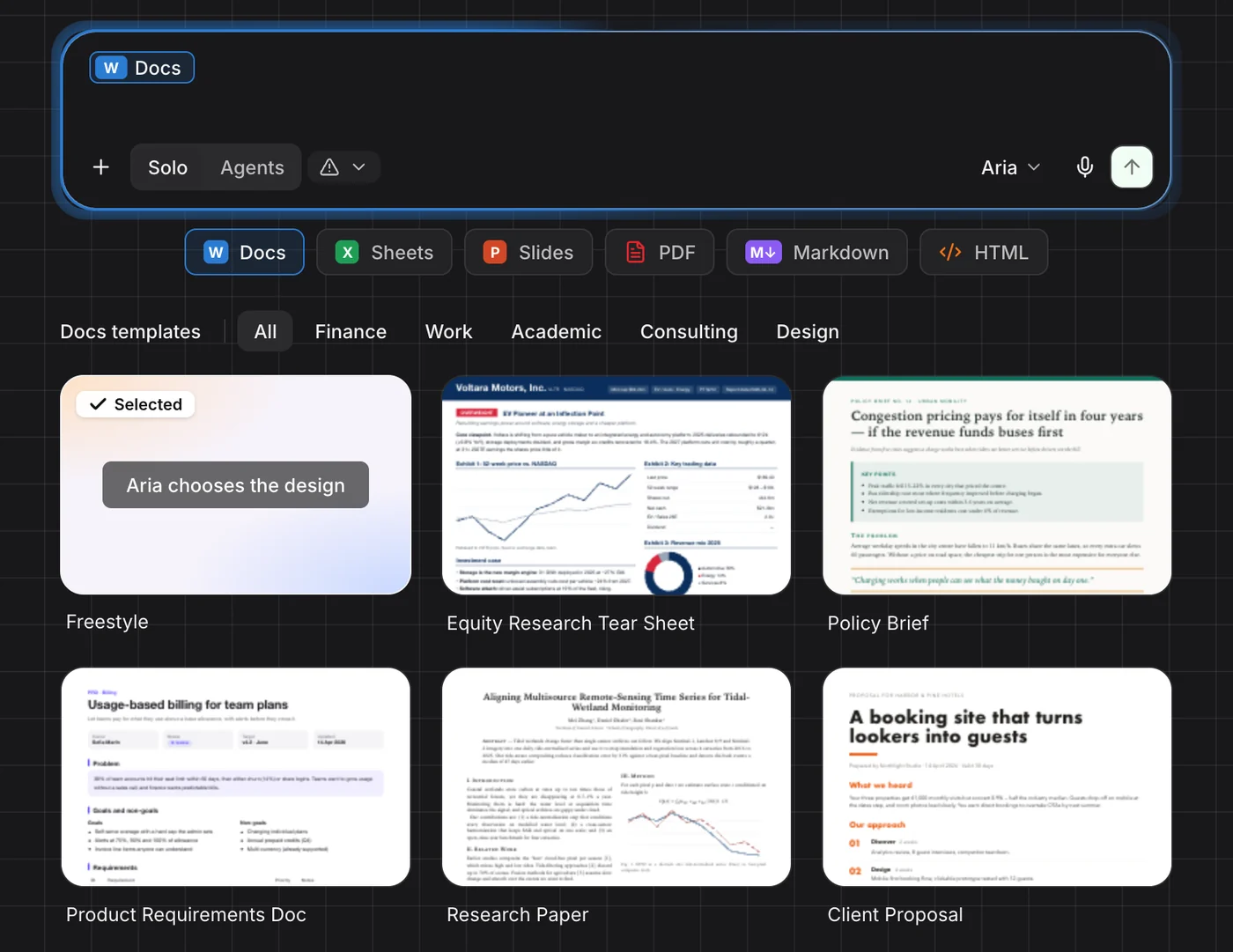 The Docs format chosen in the composer, with the Docs template gallery below it: Freestyle, Equity Research Tear Sheet, Policy Brief, Product Requirements Doc, Research Paper, Client Proposal