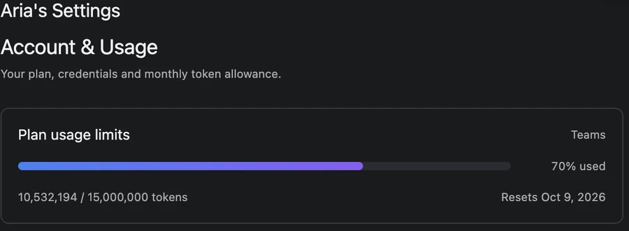 Aria Studio's real plan usage card: token quota, plan name, and reset date