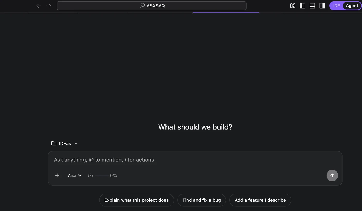 Aria IDE's Agent mode start screen: project picker, composer with model and quota, and quick starts