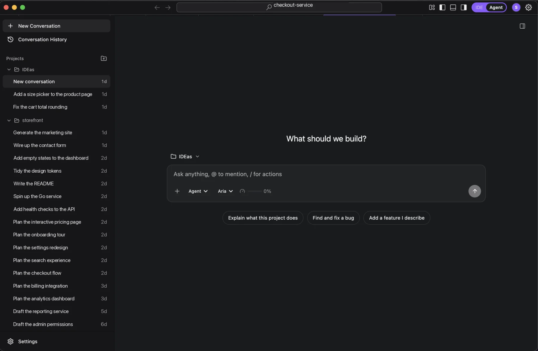 Aria IDE in Agent mode: the conversation sidebar and project list on the left, and the composer asking “What should we build?” on the right