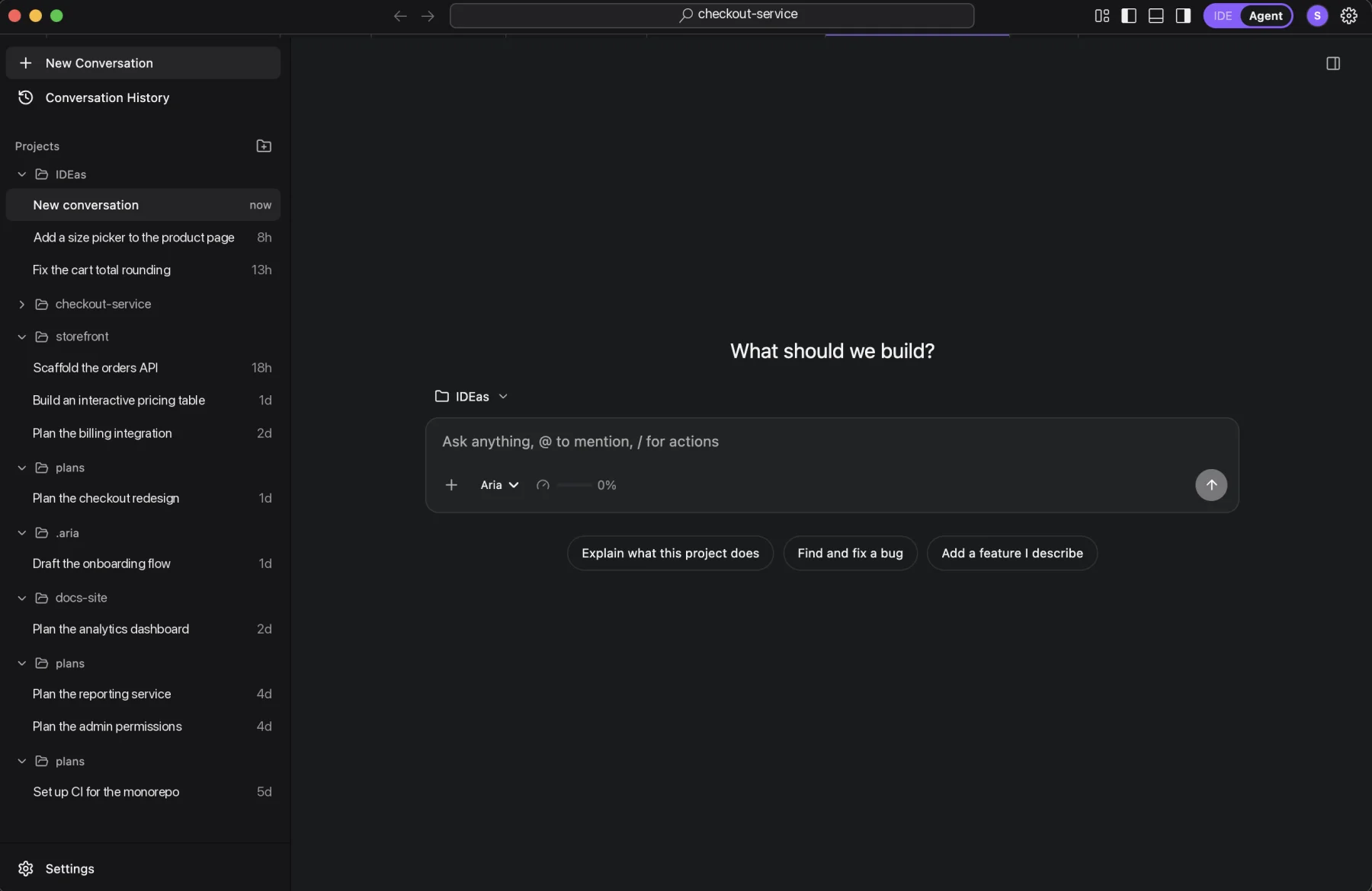 Agent mode, the whole window: the Projects rail with past conversations on the left, the IDE/Agent toggle top right, and the composer with its starter prompts in the middle