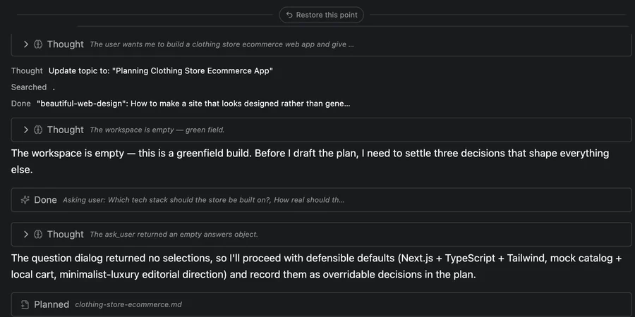 Aria IDE's real 'Restore this point' checkpoint control above the agent's own planning output