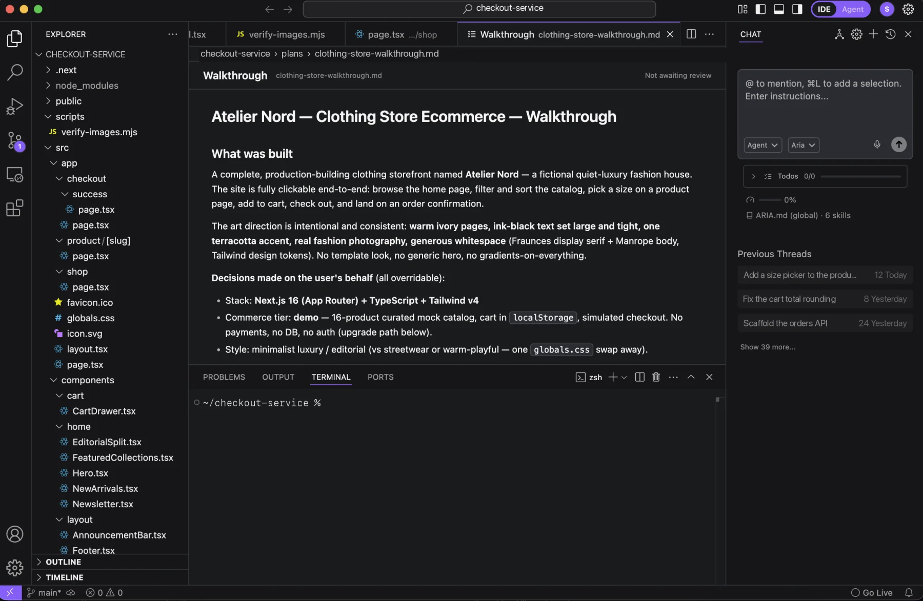 IDE mode, the whole window: activity bar and file explorer on the left, the editor with a rendered walkthrough, the terminal below it, and the agent chat docked on the right