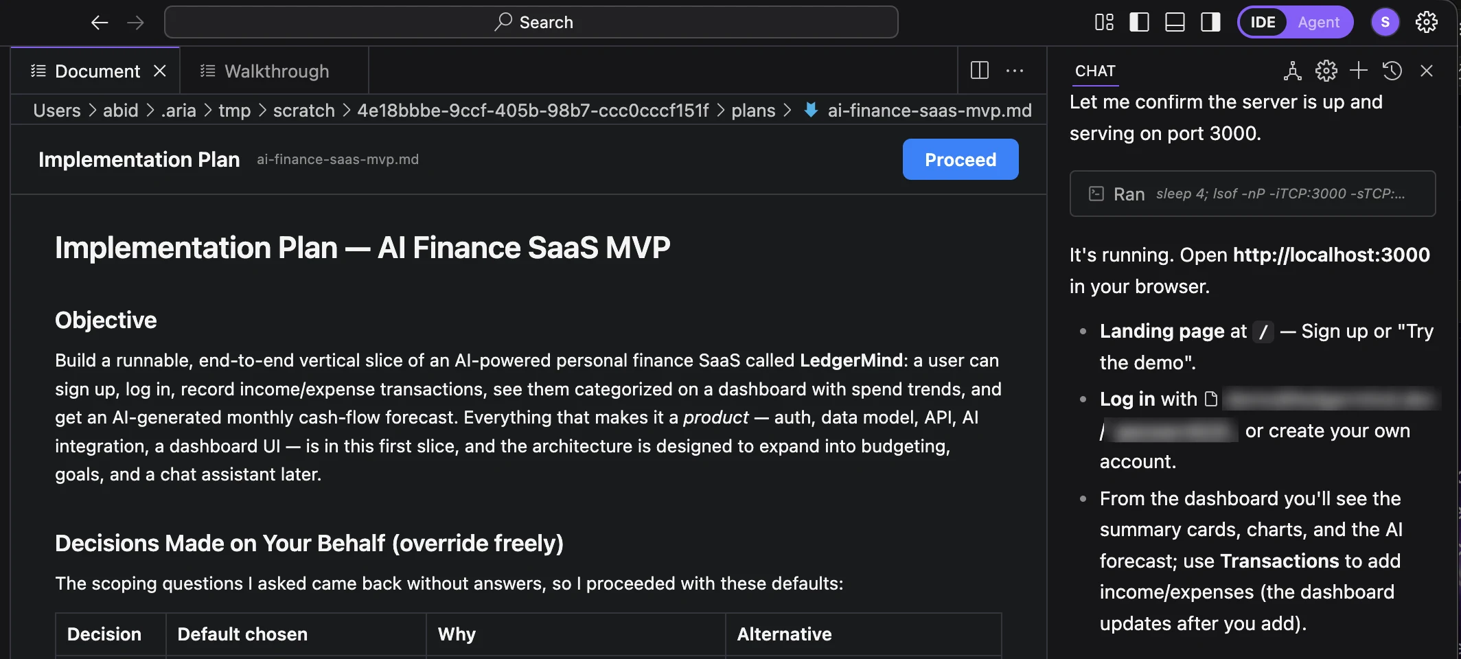 An implementation plan Aria wrote, open in the editor with a Proceed button, a Walkthrough tab, and the agent's chat beside it